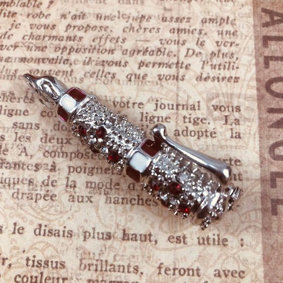 Vintage Writing Pen Brooch Red and Clear Crystals - Picture 3 of 5